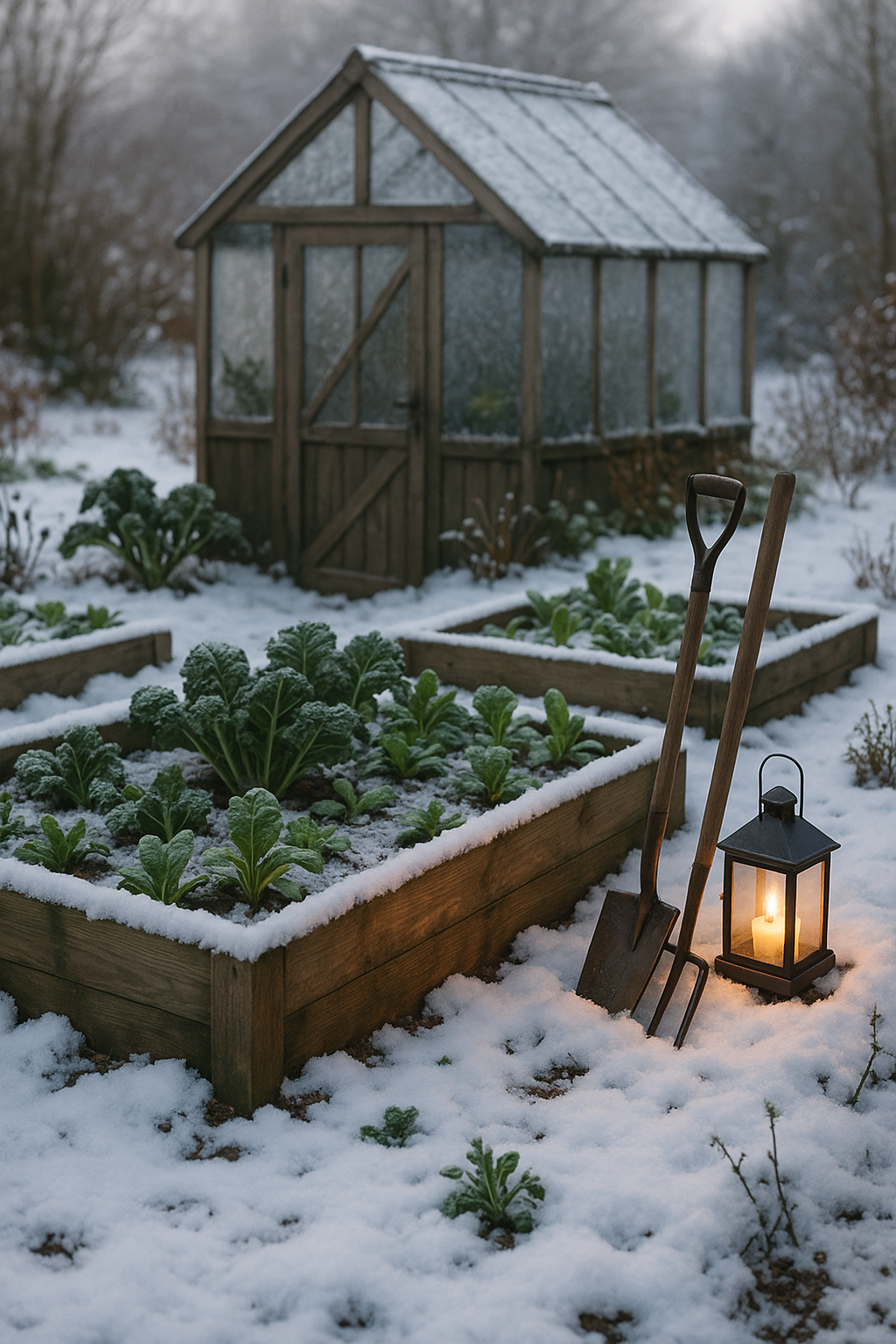 Winter gardening scene with tools, potted plants, and a cozy outdoor setup during snowfall
