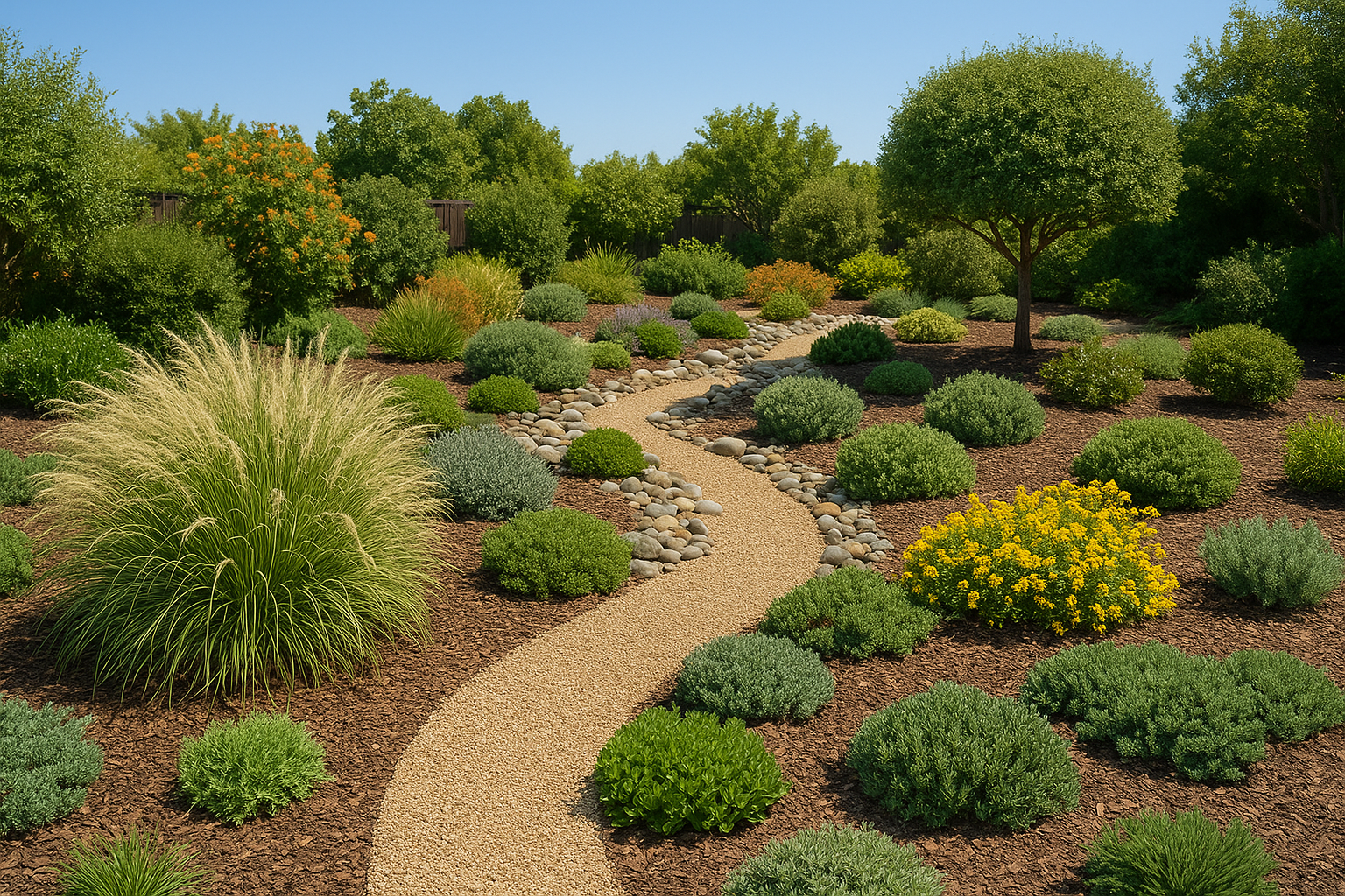 Beautiful low-maintenance landscape design featuring drought-tolerant plants, decorative rocks, and minimal lawn area perfect for busy homeowners