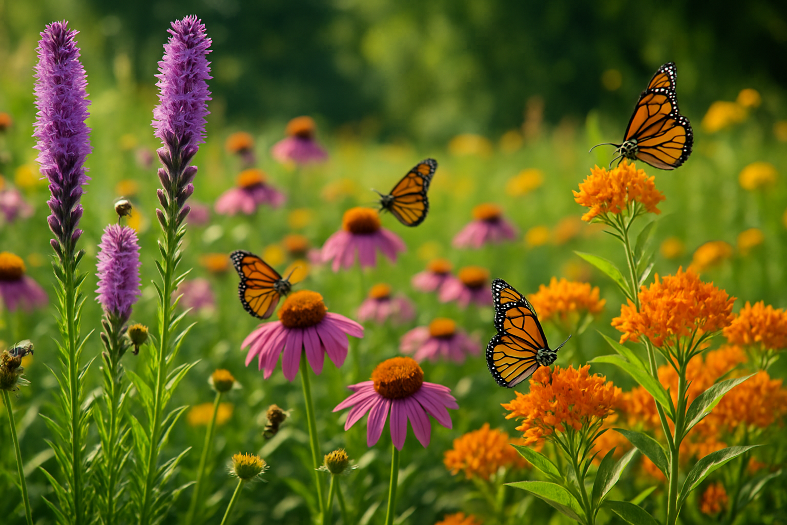 Thriving Midwest native plant garden featuring prairie blazing star, purple coneflower, and butterfly weed attracting numerous pollinators including monarchs and native bees