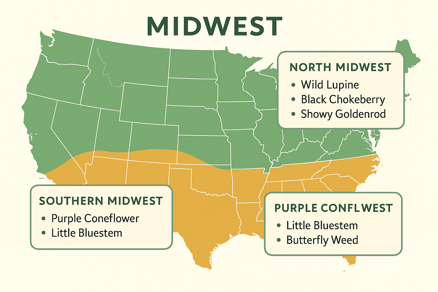 Map of the Midwest showing growing zones with callout boxes highlighting specific native plant recommendations for northern and southern regions