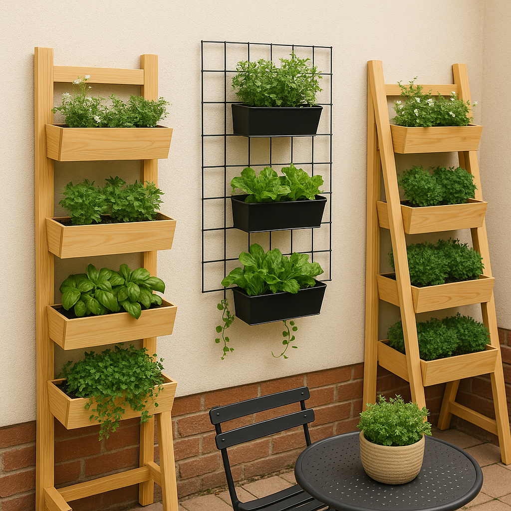 Compact urban patio transformed with DIY vertical garden systems including wall-mounted planters, trellis designs, and hanging containers maximizing growing space