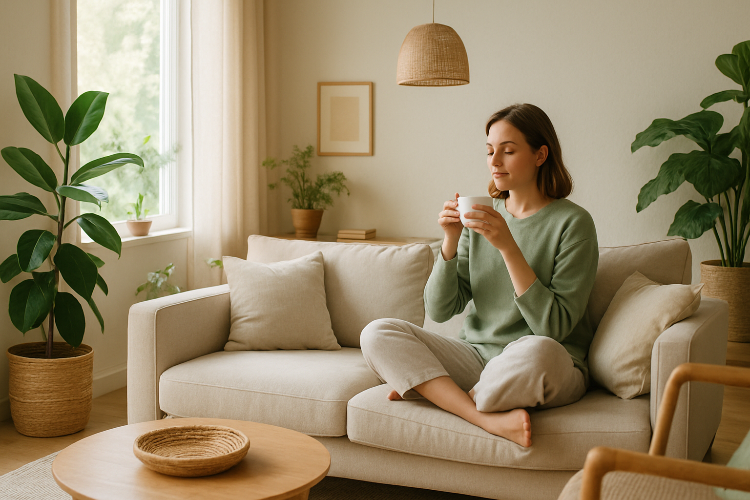Woman relaxing in a sunlit living room surrounded by plants and natural decor, illustrating a healthy and calming home environment.