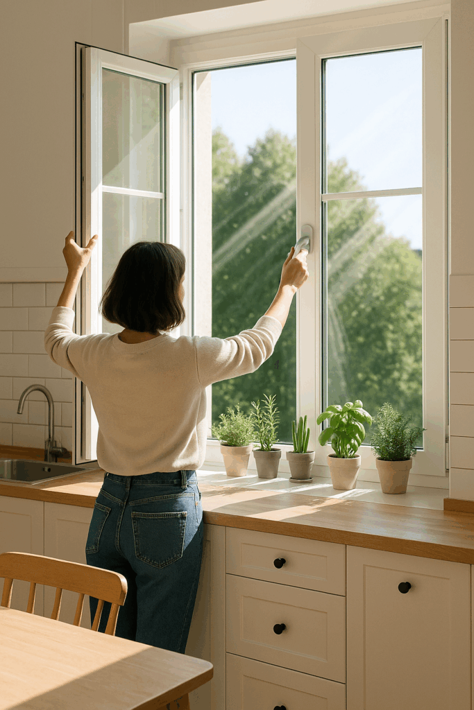 Woman opening a large kitchen window with sunlight streaming in and potted herbs on the windowsill, symbolizing natural ventilation and clean indoor air.
