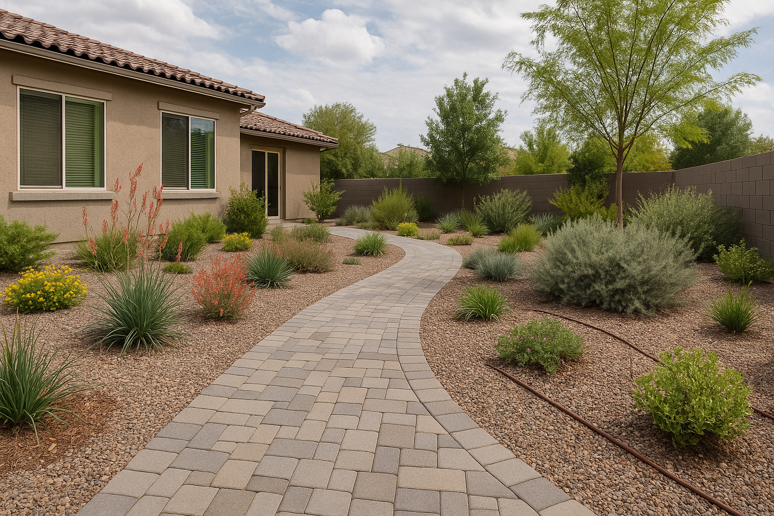 Professional landscape featuring native plants, permeable hardscaping, and water-saving irrigation systems designed using the Green Man Landscaping Method for sustainable outdoor living