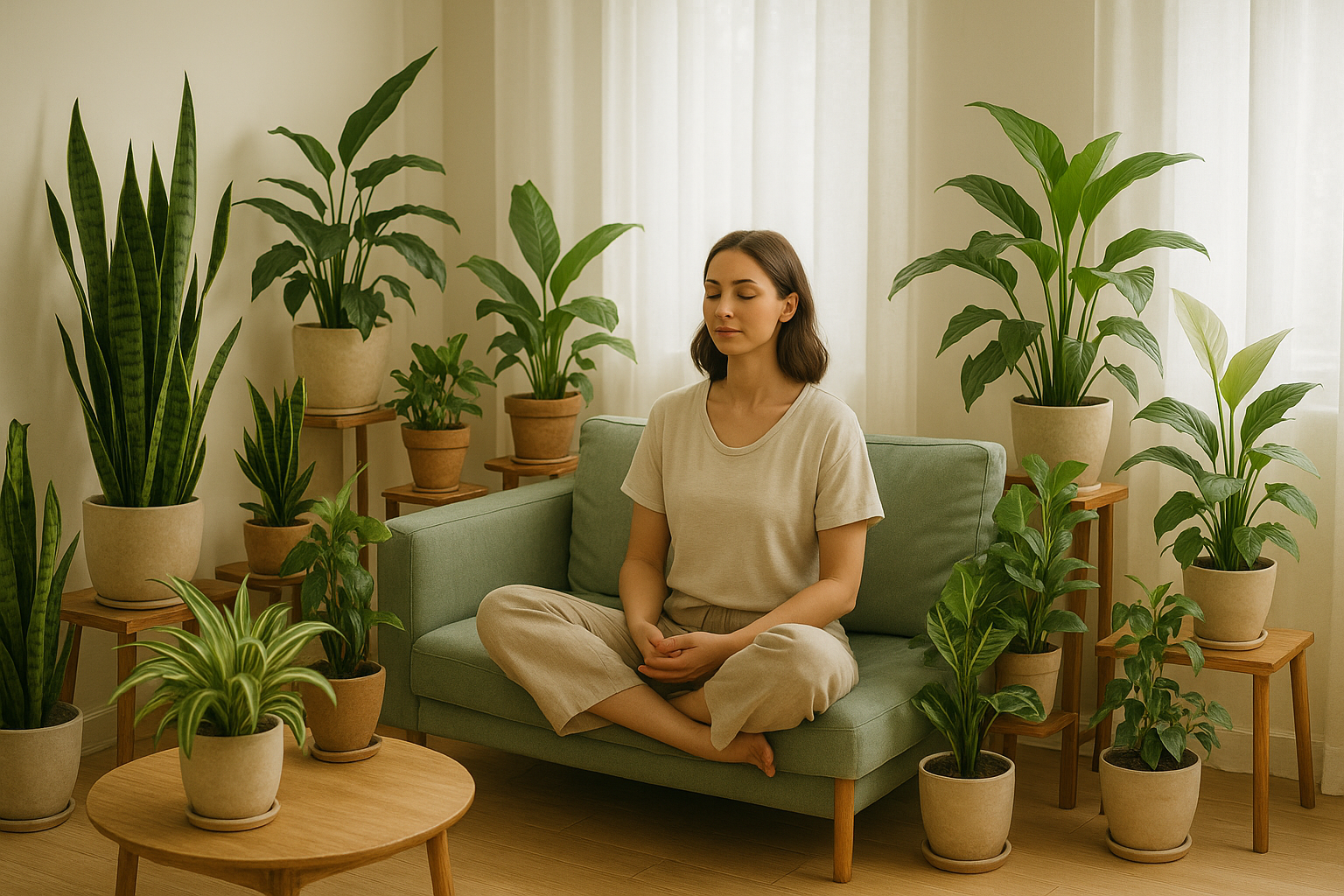 A peaceful living room filled with natural light and various air-purifying houseplants, where a person relaxes in a serene, plant-rich environment.
