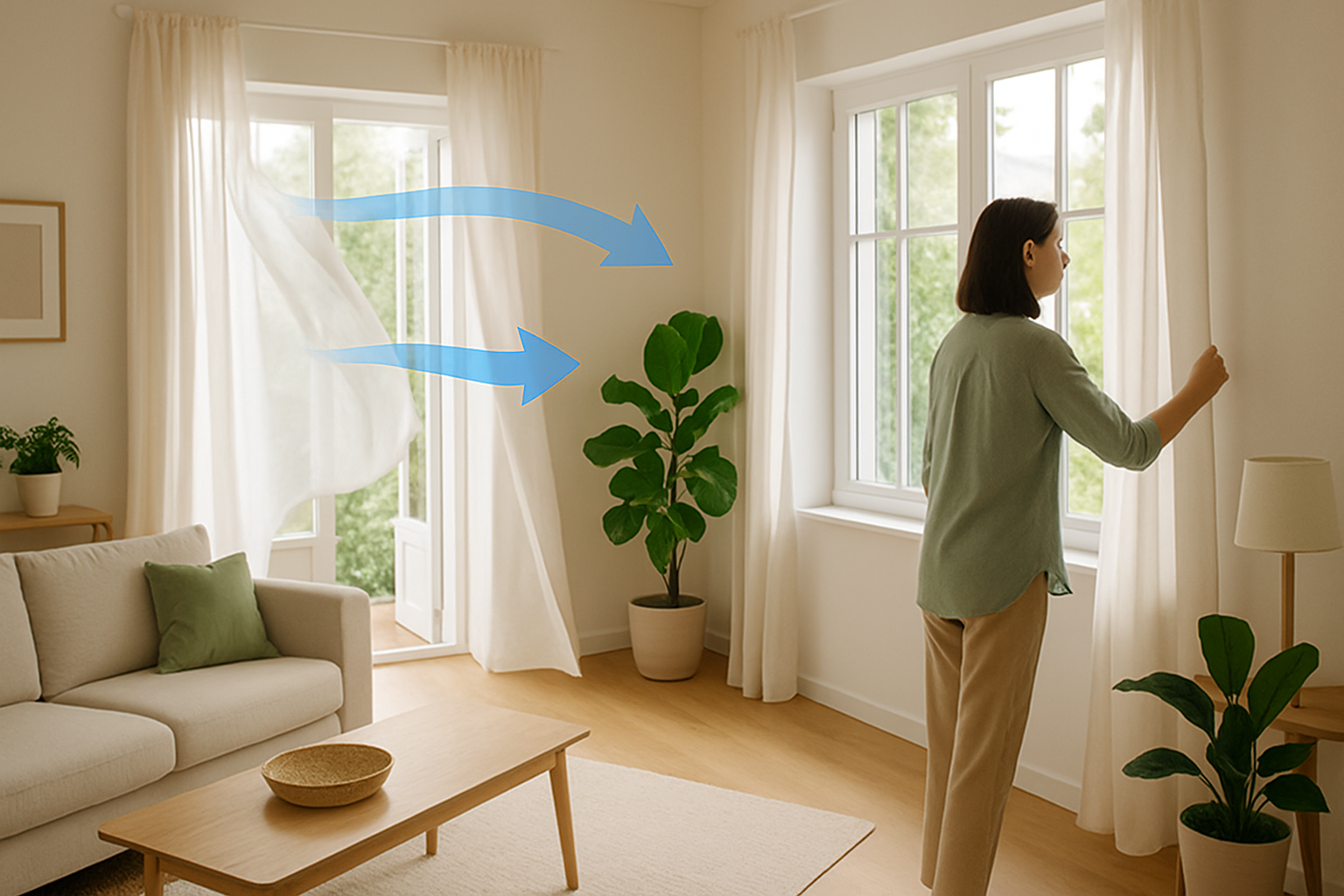 A spacious living room with windows and doors open on opposite sides, allowing fresh air to flow through sheer curtains, illustrating natural cross ventilation.