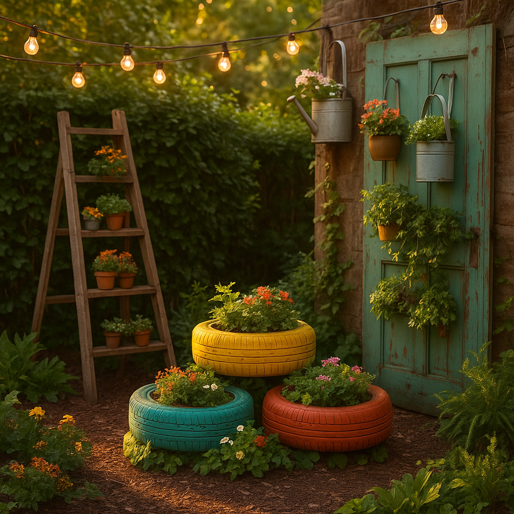 A warm and inviting backyard scene featuring brightly painted tires used as planters, a rustic wooden ladder with potted flowers, and a vintage turquoise door repurposed as a vertical garden. Soft string lights glow overhead, creating a peaceful, eco-friendly atmosphere at sunset.