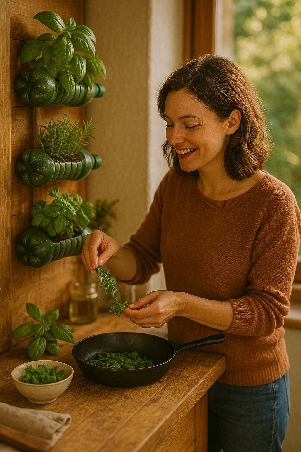 Woman harvesting rosemary and herbs from a vertical garden made of recycled materials in a cozy kitchen
