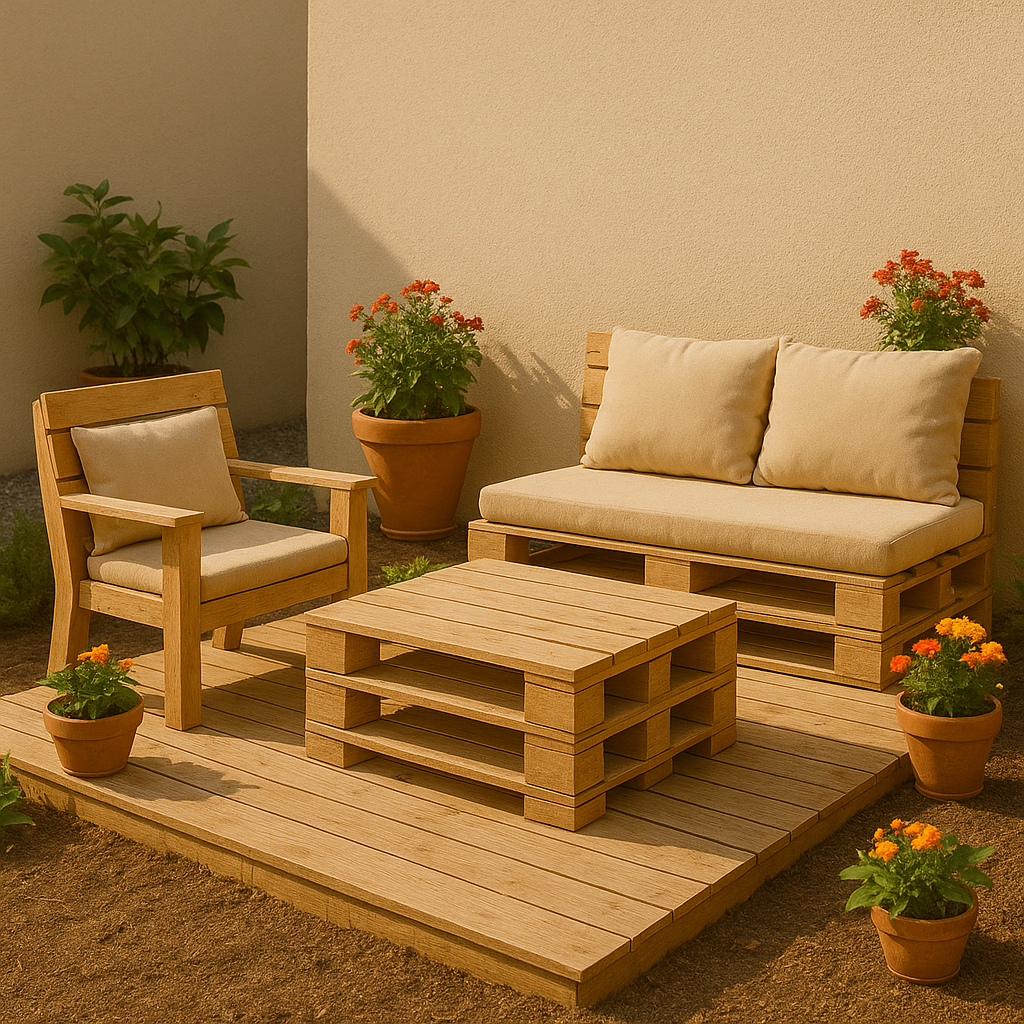 DIY pallet patio furniture set with beige cushions, surrounded by potted flowers on a small wooden deck in a backyard.