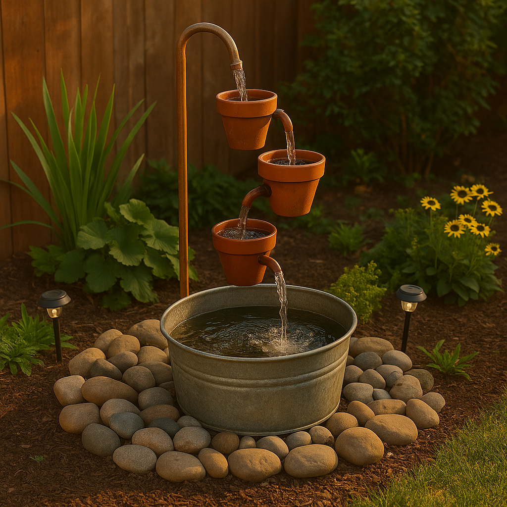 DIY backyard water feature made from recycled containers and materials, surrounded by lush plants and stones