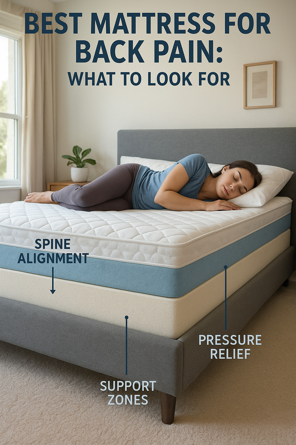 A woman lies on her side on a layered mattress designed for back pain relief. Labels point to features including spine alignment, support zones, and pressure relief. The bed has a modern upholstered frame and is placed in a softly lit, peaceful bedroom