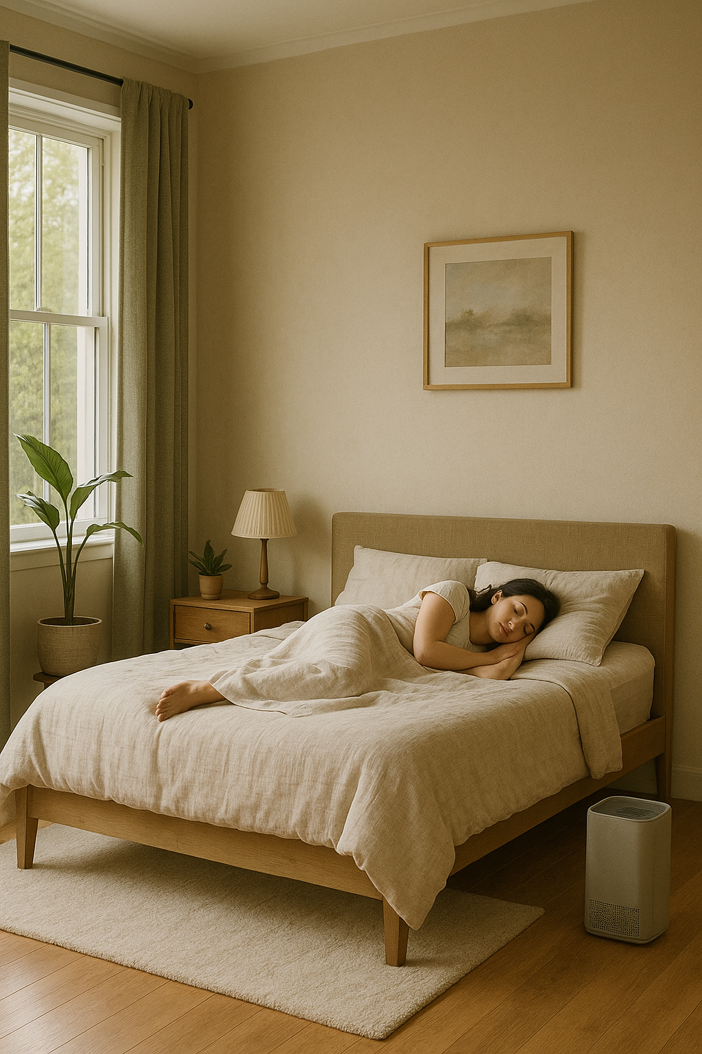 A woman sleeping in a minimalist bedroom with neutral tones, beige linen bedding, a potted plant by the window, and an air purifier on the floor. Natural light fills the room, creating a calm and serene atmosphere.