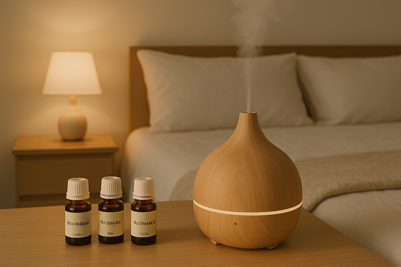 Essential oil diffuser emitting mist on a nightstand beside three essential oil bottles in a cozy bedroom with a lit lamp and made bed in the background.