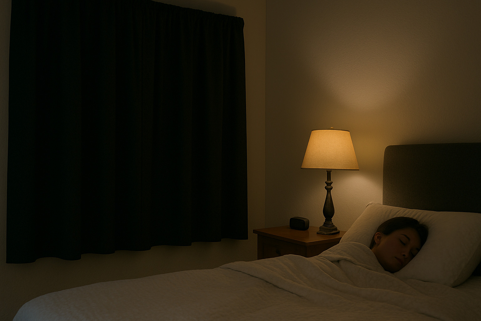 A person sleeping in a softly lit bedroom at night with blackout curtains and a bedside lamp, creating a restful and dark sleep environment.