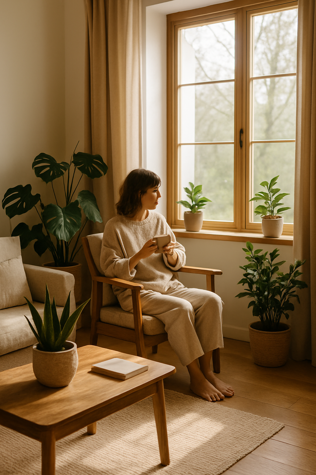 Woman relaxing with a cup of coffee in a bright living room with indoor plants and natural light.