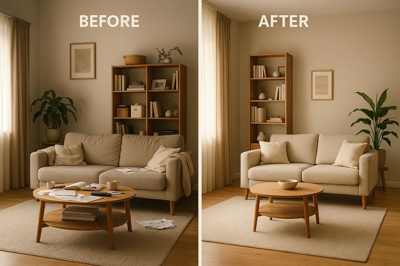 Side-by-side image showing a living room before and after a makeover. On the left, the room is cluttered with papers and objects. On the right, the same space has been transformed into a minimalist, clean, and neutral-toned environment