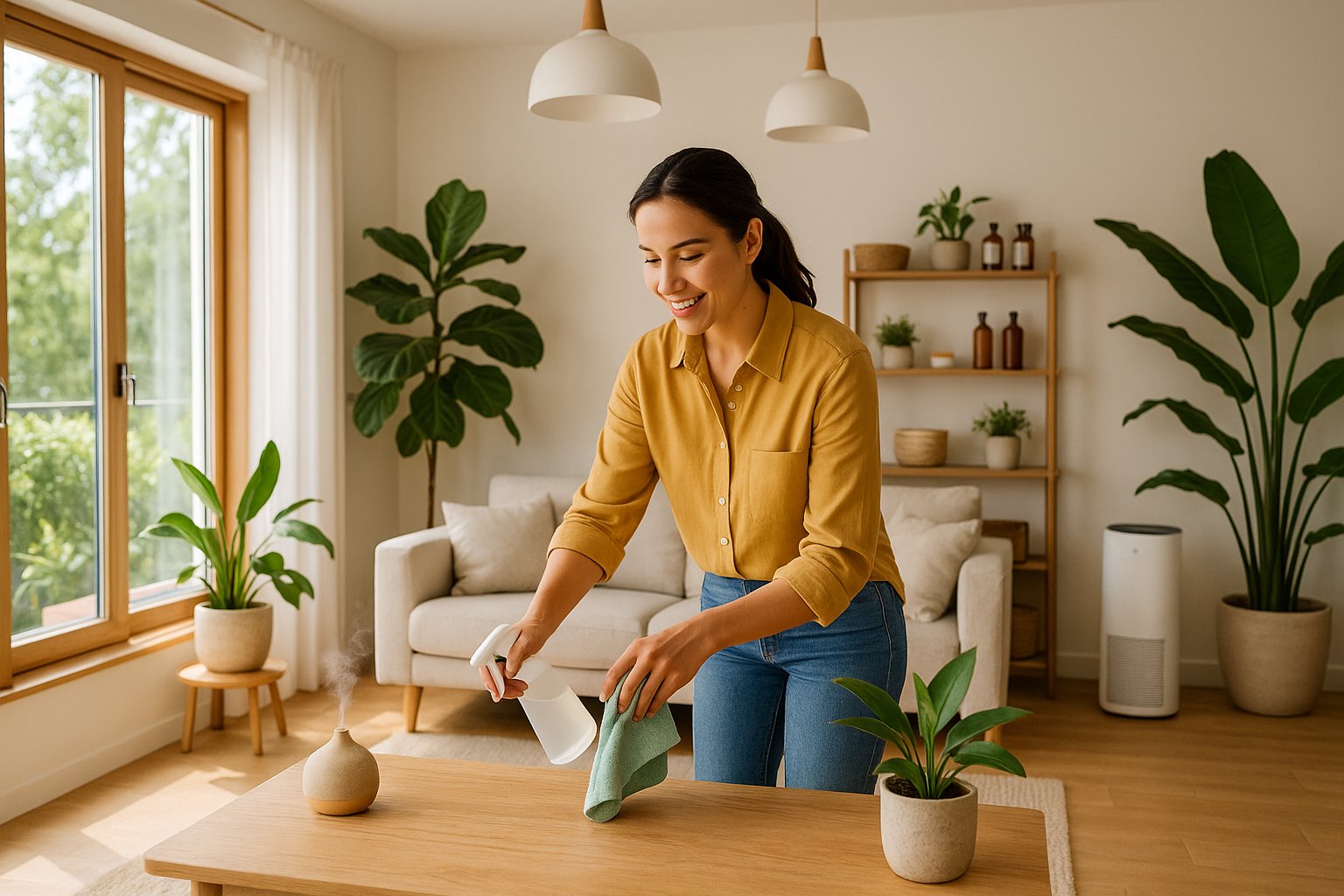 A bright, modern home interior with soft natural light, open windows, indoor plants, and a person cleaning with a non-toxic spray bottle—creating a wellness-focused, healthy living environment.