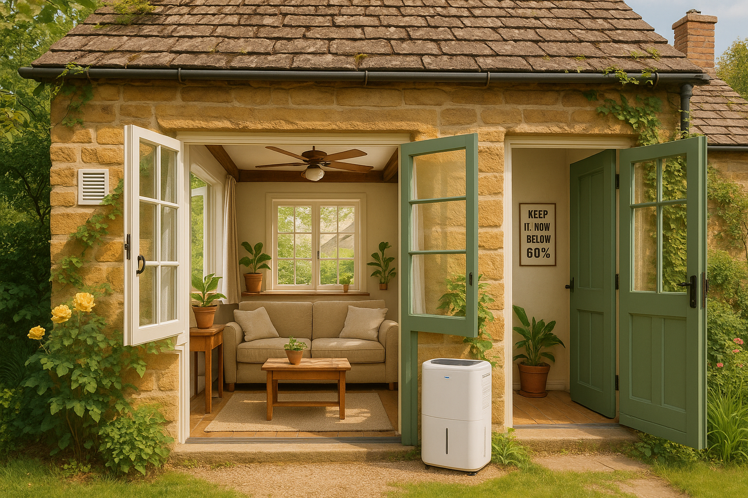 Cozy stone cottage with open green doors and windows, showing a beige sofa, indoor plants, and a white dehumidifier outside the entrance. A sign inside reads “Keep it. Now below 60%,” highlighting humidity control in a well-ventilated home.