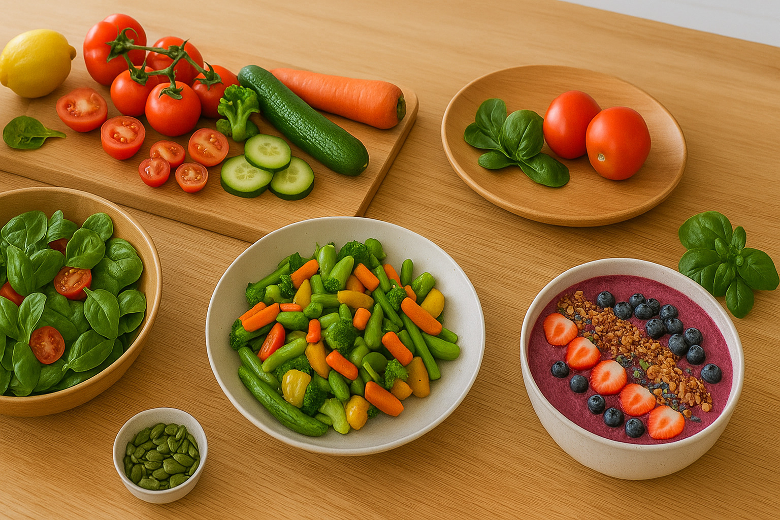 A wooden countertop displays a colorful assortment of healthy plant-based foods, including a bowl of leafy green spinach with cherry tomatoes, a plate of mixed steamed vegetables like broccoli, carrots, and snap peas, and a smoothie bowl topped with blueberries, strawberries, and granola. Nearby, fresh vegetables such as tomatoes, cucumber slices, a lemon, a carrot, and an avocado are arranged neatly on cutting boards.