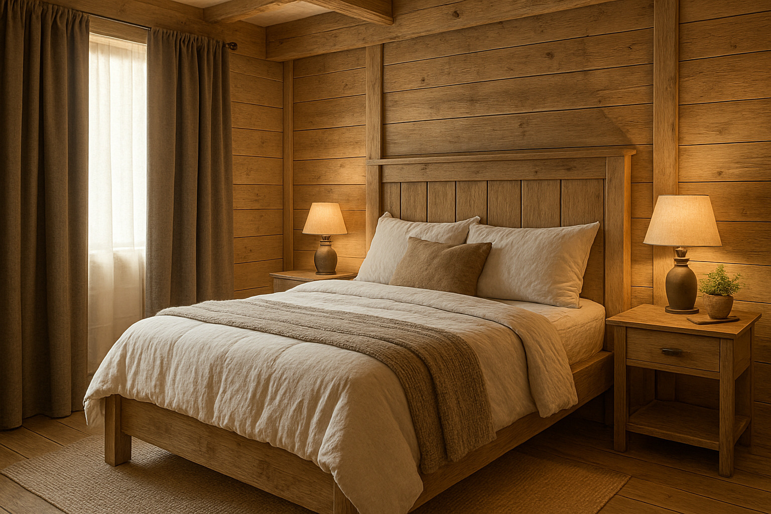 A rustic-style bedroom with natural wood walls, a large bed with soft beige bedding, blackout curtains, and warm ambient lighting, designed for better sleep hygiene.