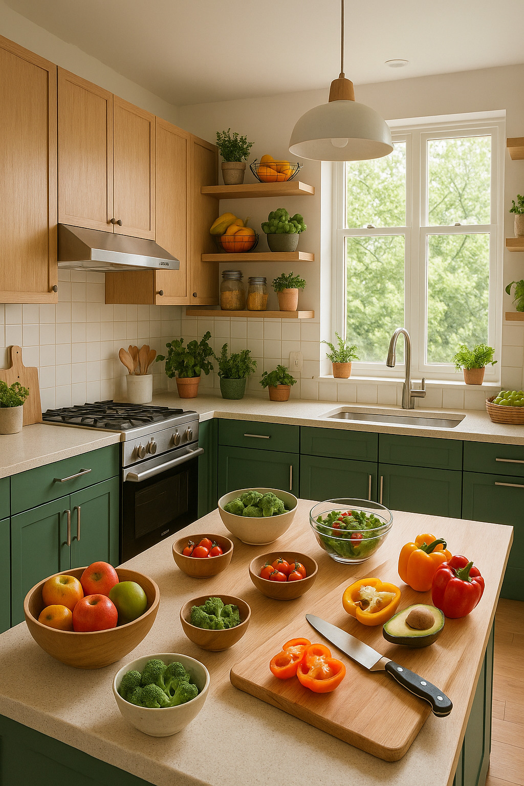 Modern kitchen with green cabinets, countertop filled with fresh fruits and vegetables, natural lighting, and a functional layout that encourages healthy eating.