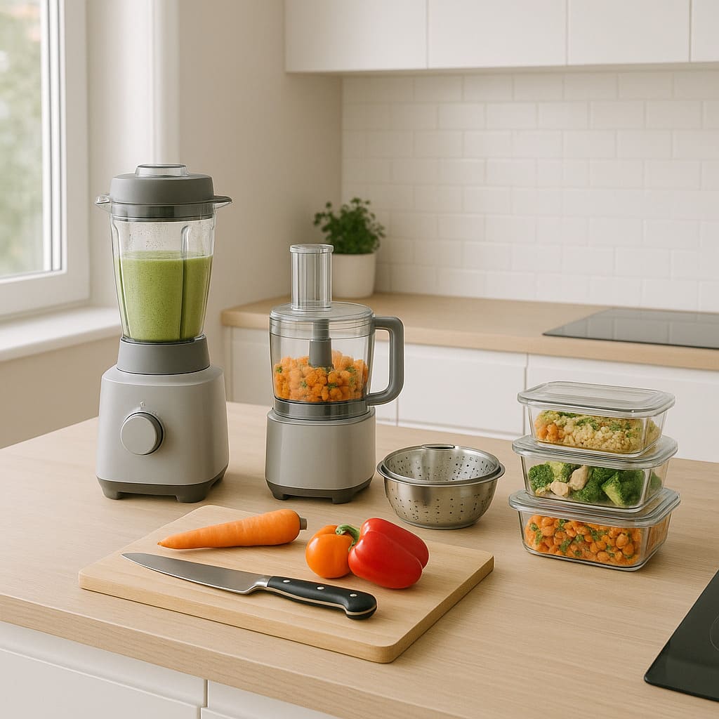 high-powered blender with a smoothie in progress, a compact food processor with chopped vegetables, a high-quality chef’s knife on a wooden cutting board with fresh produce, a stainless steel steamer basket beside a stovetop, and a stack of clear glass storage containers with colorful prepped meals. Natural lighting, minimalist design, white and light wood tones, and a sense of organization and wellness
