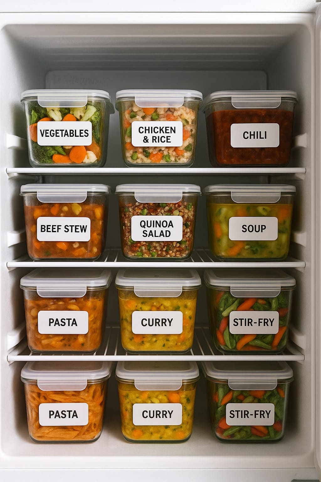 Organized home freezer filled with neatly stacked glass containers labeled with healthy homemade meals like vegetables, chicken and rice, chili, beef stew, quinoa salad, soup, pasta, curry, and stir-fry. Each container is clearly labeled and shows colorful, nutritious food ready for easy reheating.