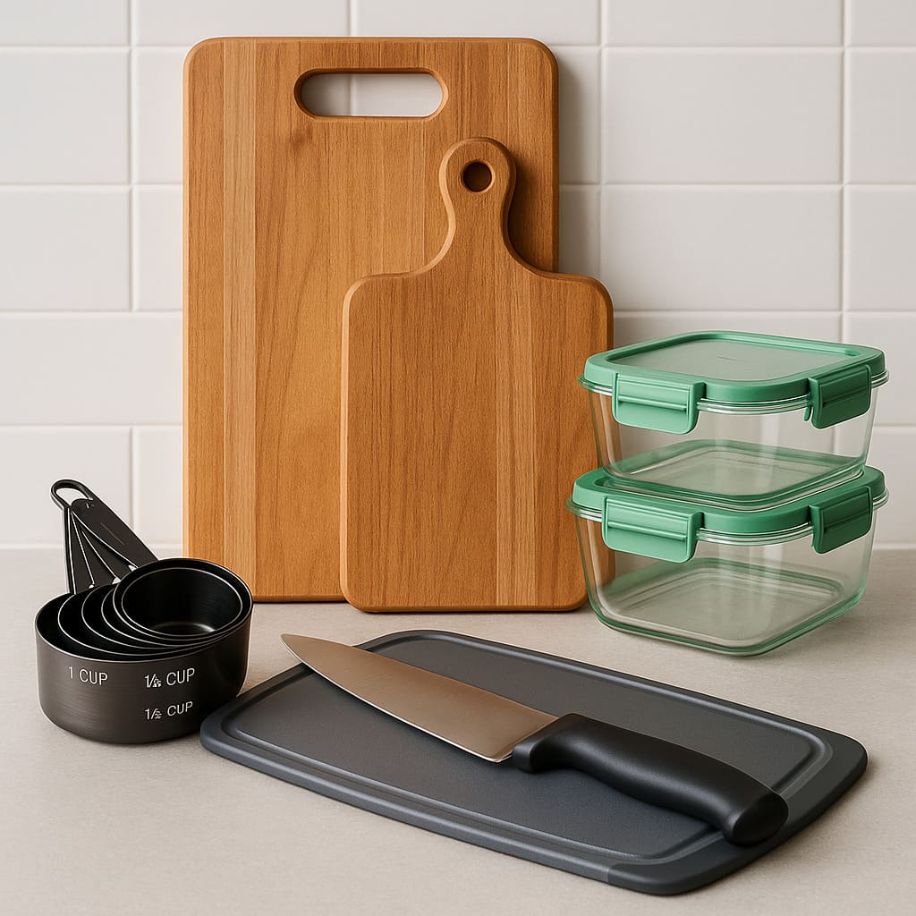 Seven kitchen tools including measuring cups, cutting boards, a chef's knife, and meal prep containers arranged on a clean countertop.