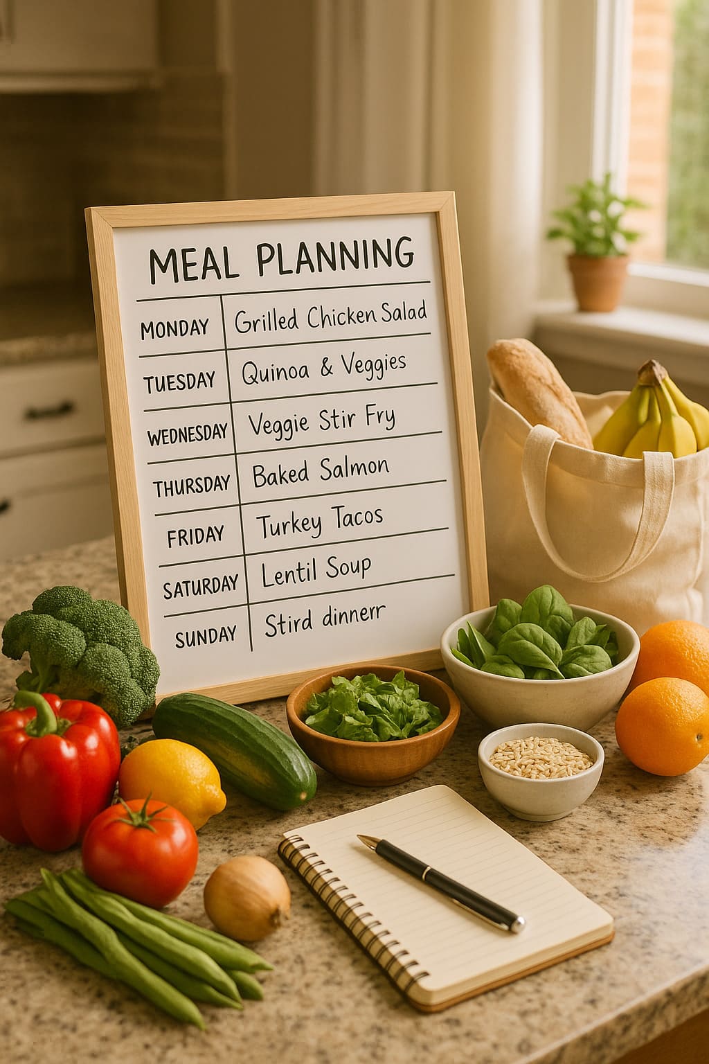 A meal planning board showing the days of the week with healthy meals written on it, surrounded by fresh vegetables, fruits, brown rice, and a notepad with a pen on a naturally lit kitchen countertop.