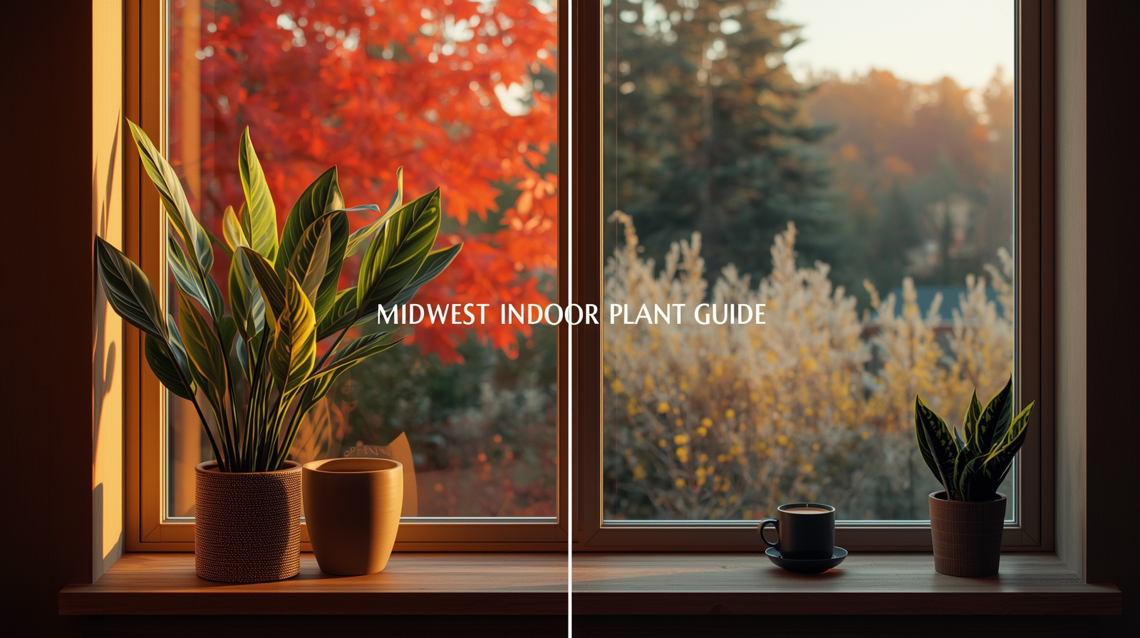 Plantas de interior saudáveis em uma janela com vista para uma paisagem de outono no Midwest, contrastando o calor interno com o frio externo.