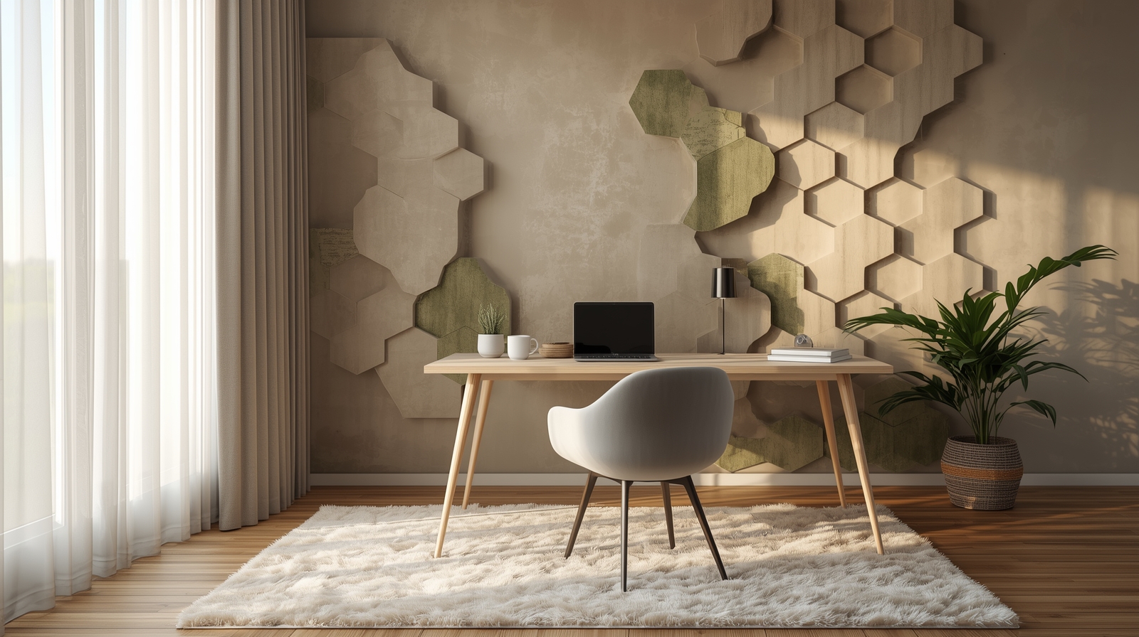 Cozy modern home office featuring renter-friendly soundproofing solutions including hexagonal acoustic wall panels, heavy velvet noise-reducing curtains, and a thick area rug on wooden floors.