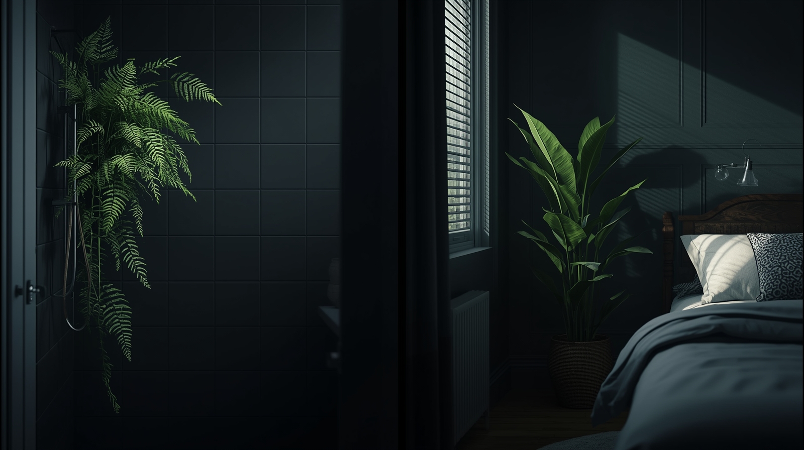 Comparação lado a lado: Samambaia em um banheiro úmido e Espada de São Jorge em um quarto escuro, exemplos das melhores plantas de baixa luminosidade.
