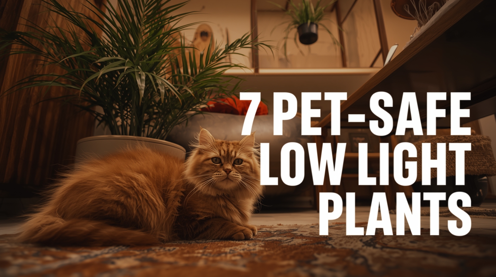 Gato laranja sentado ao lado de plantas não tóxicas como a Palmeira-de-Salão (Parlor Palm) e Clorofito (Spider Plant) em um apartamento com pouca luz.