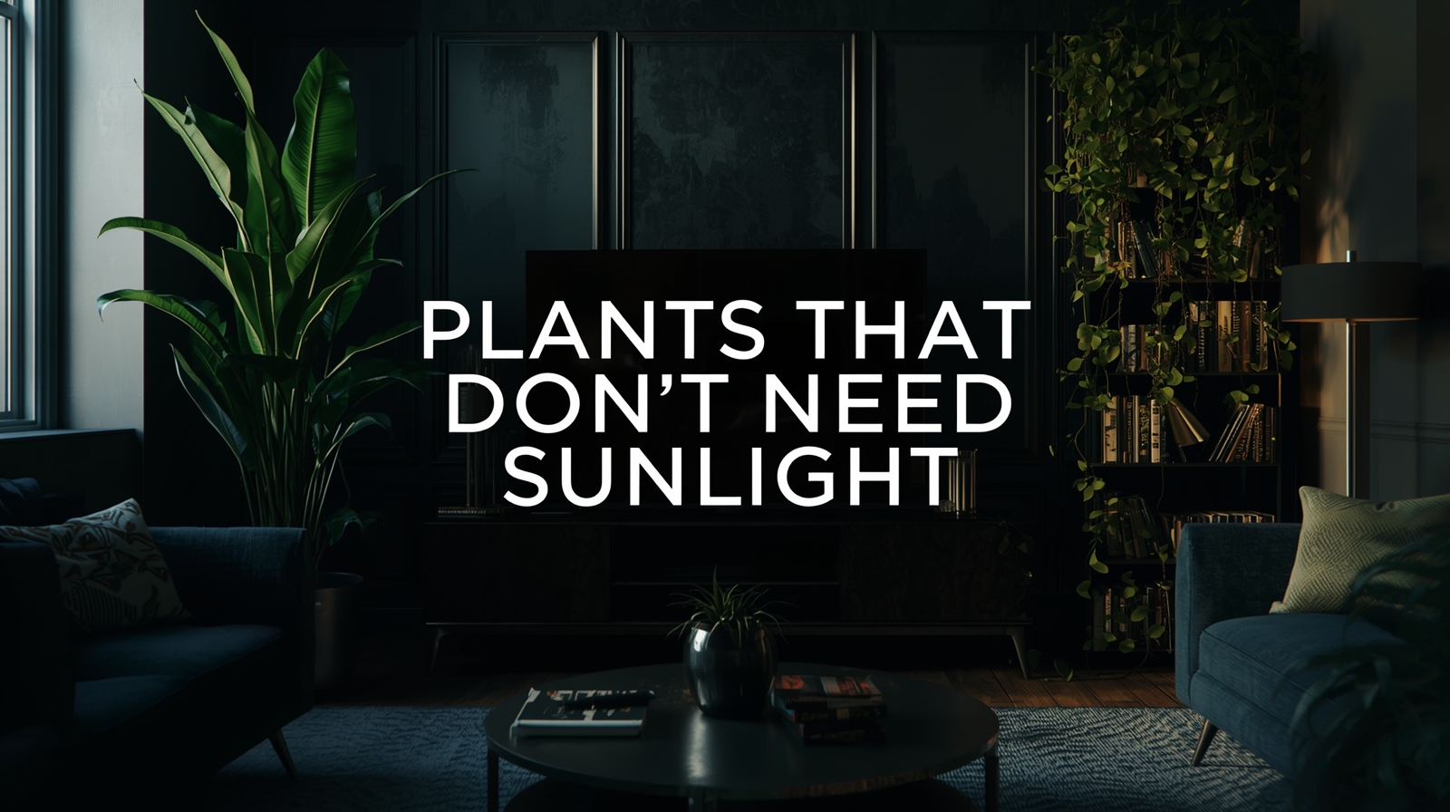 Sala de estar moderna e escura decorada com plantas de baixa luminosidade como Espada de São Jorge e ZZ Plant.