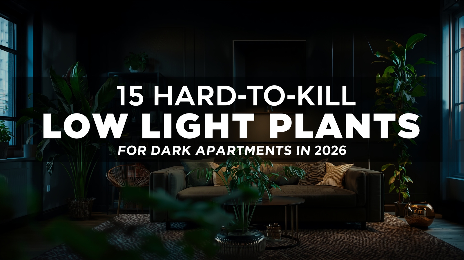 Interior de apartamento escuro decorado com plantas resistentes de meia-sombra como Espada de São Jorge e Jiboia, ilustrando o guia de 2026 para plantas de baixa luminosidade.