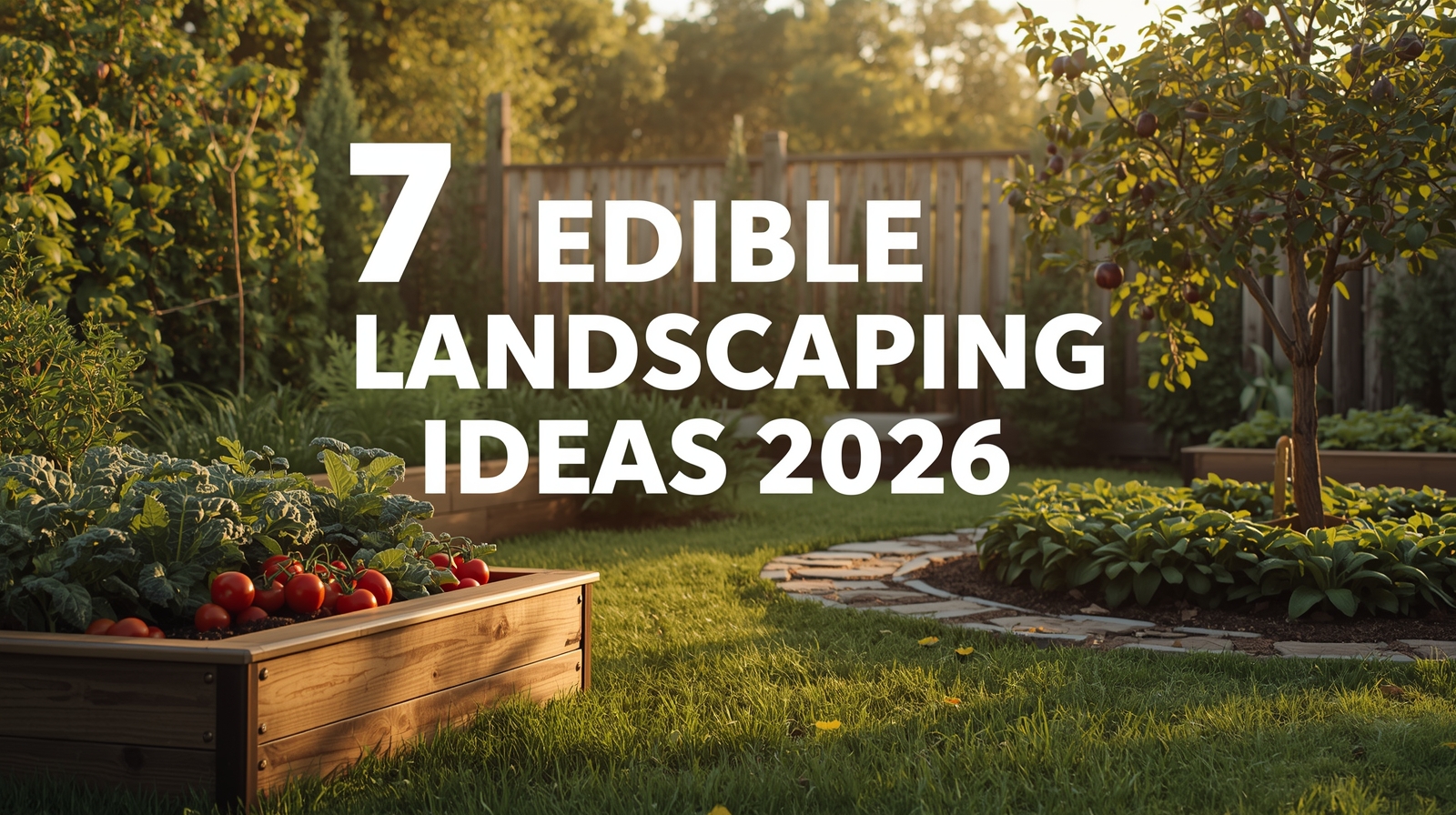 Lush backyard garden showcasing edible landscaping trends for 2026, featuring raised vegetable beds with tomatoes, dwarf fruit trees, and berry hedges at sunset.