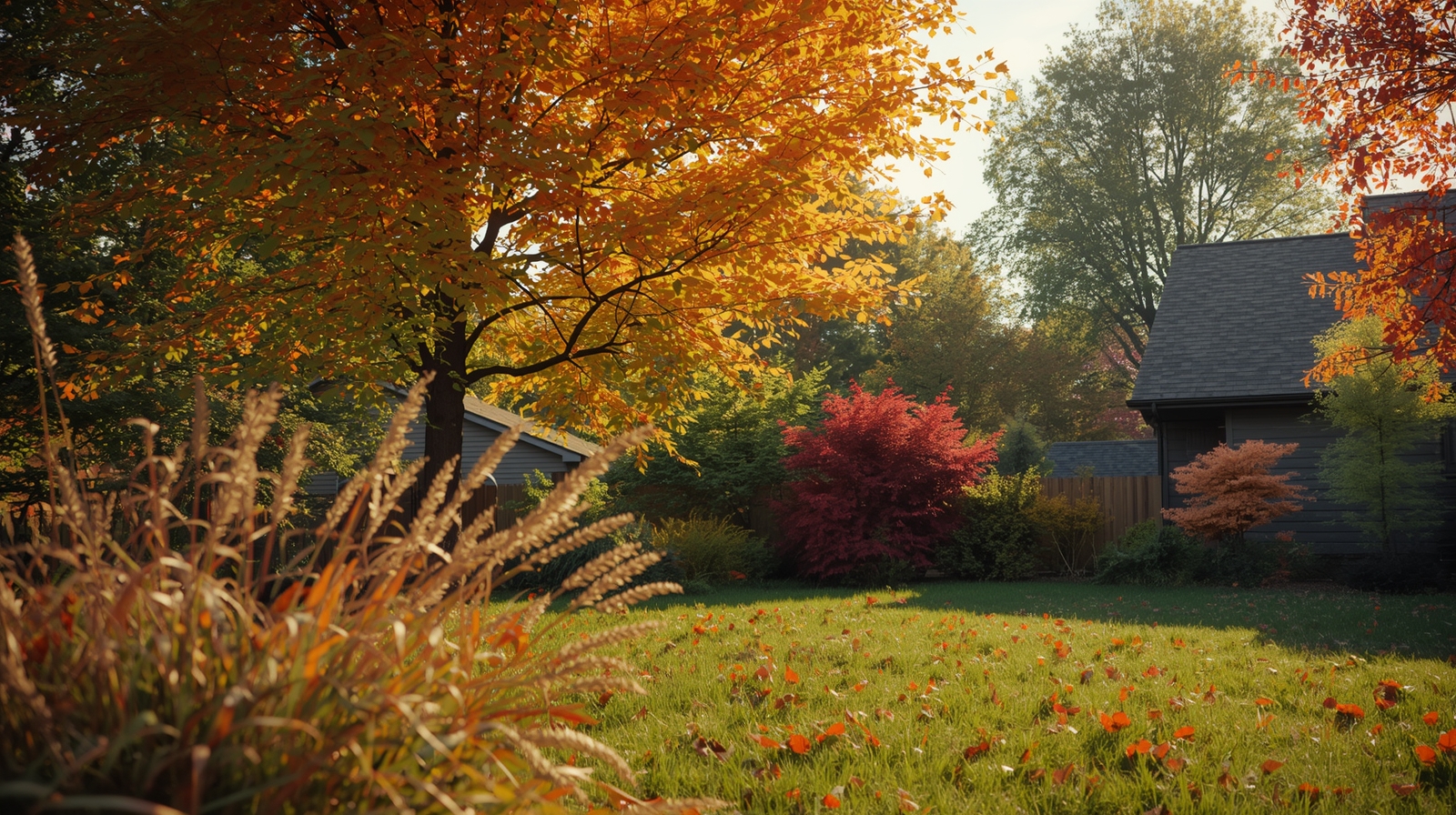 Paisagem de quintal no Midwest durante o outono, mostrando a folhagem laranja do Bordo (Sugar Maple), arbustos vermelhos de Sumac e gramíneas douradas.