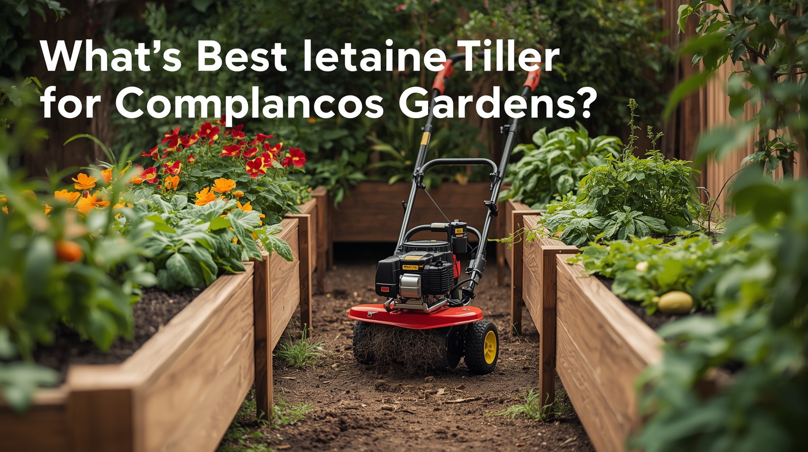 Garden tiller among vibrant plants.