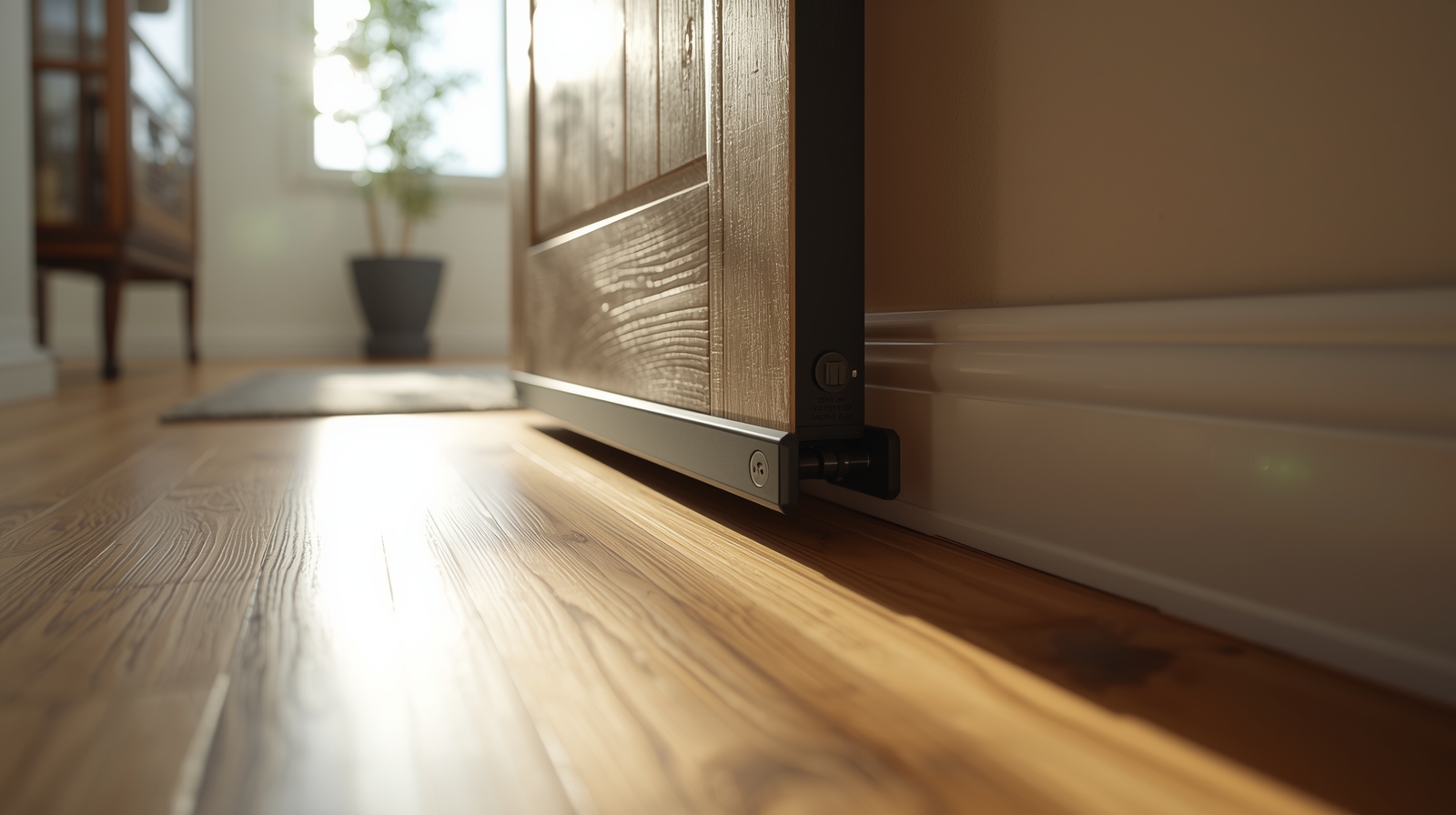 Modern apartment door security bar installed on hardwood floor no drilling required.