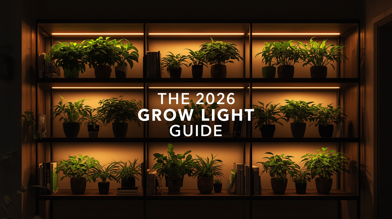 Estante moderna com fitas de LED full spectrum iluminando plantas em um apartamento escuro, demonstrando iluminação artificial decorativa.